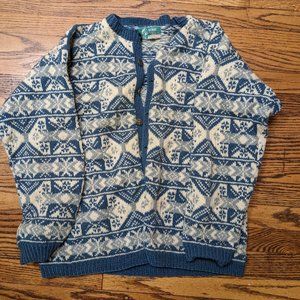 Winter Sweater, 100% Wool from Norway, Blue and Cream Pattern, Hand Knitted